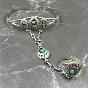 Native M.E. Harris Sterling Turquoise Slave Bracelet - Bear Paw